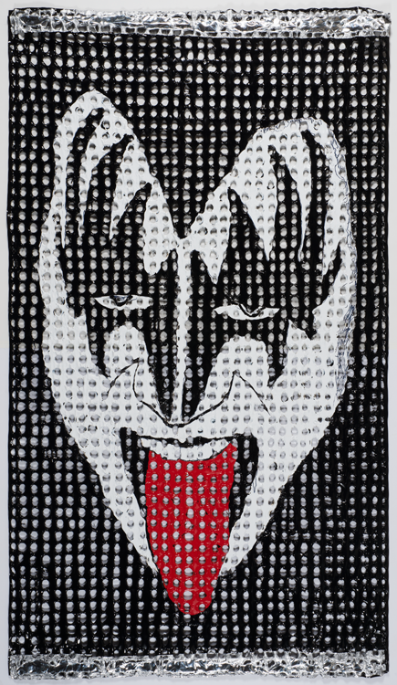 A mixed-media painting made of melted plastic and acrylic depicting Gene Simmons sticking out a cherry red tongue. The painting’s surface is made of a grid of white, tiny, round, acrylic ridges. The background is black contrasting a heart shaped face painted white. Around Gene’s eye’s are matching black, leaf shapes.