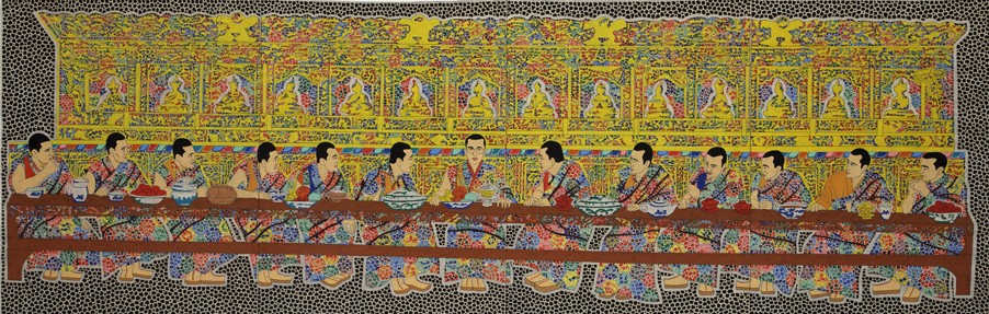 An illustration of a long, skinny, wooden table that stretches the entire composition. Seated in the center is the Dalai Lama attended by 6 monks on each side. His center position is reemphasized by their gazes. The illustration is textured by tiny stippling. Behind the monks, dressed in colorful garb, is a golden yellow structure filled with tiny statues of deities.