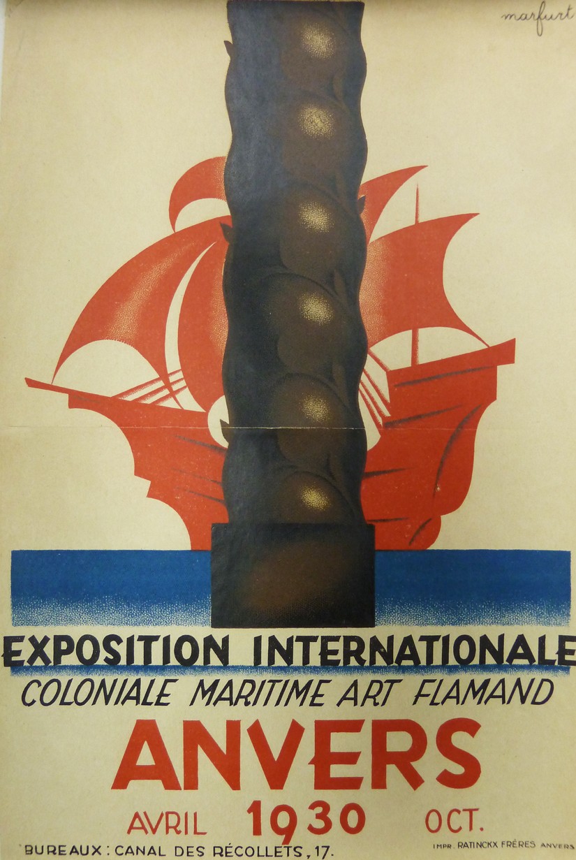 An exposition poster that reads “Exposition Internationale, Coloniale Maritime Art Flamand, Anvers, Avril, 1930 Oct.” in black and red font. Above the words, stacked at the bottom of the poster, is a simple graphic of a red ship on a blue ocean line behind a dark, brown rod.