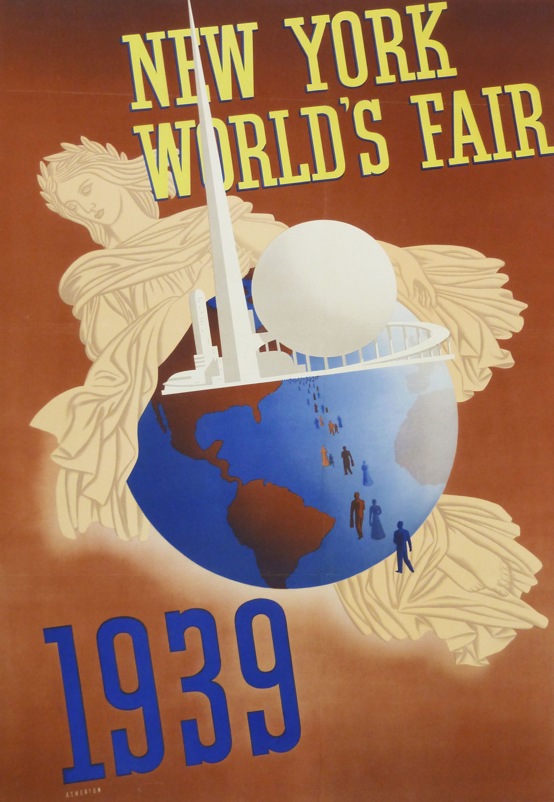 A brown exposition poster with a cream, stylized Lady Liberty cradling the Earth. Ejecting out of Earth are The Trylon and Perisphere monuments from the 1939 World’s Fair. Matching the brown and deep blue Earth are a trail of figures walking towards the monuments. At the top of the poster, in butter yellow, reads “New York World’s Fair”. At the bottom of the poster, in deep blue, reads “1939”.