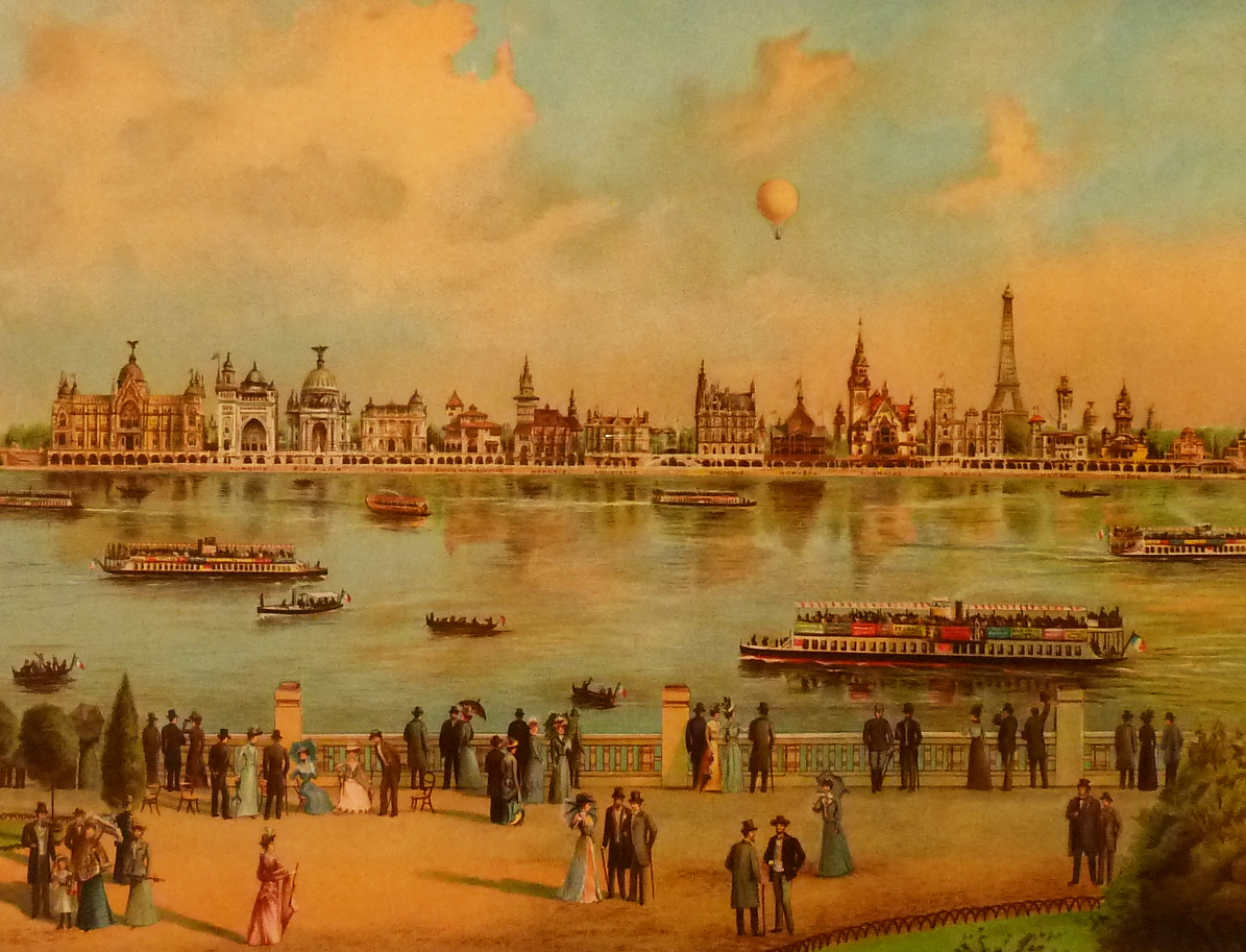 An exposition poster depicting adults promenading along a Parisian waterway. In the waterway ferry boats full of passengers are passing by. On the other side of the water is a cityscape and notably the Eiffel Tower in the right corner. In the sky are wispy clouds and a white hot-air balloon.