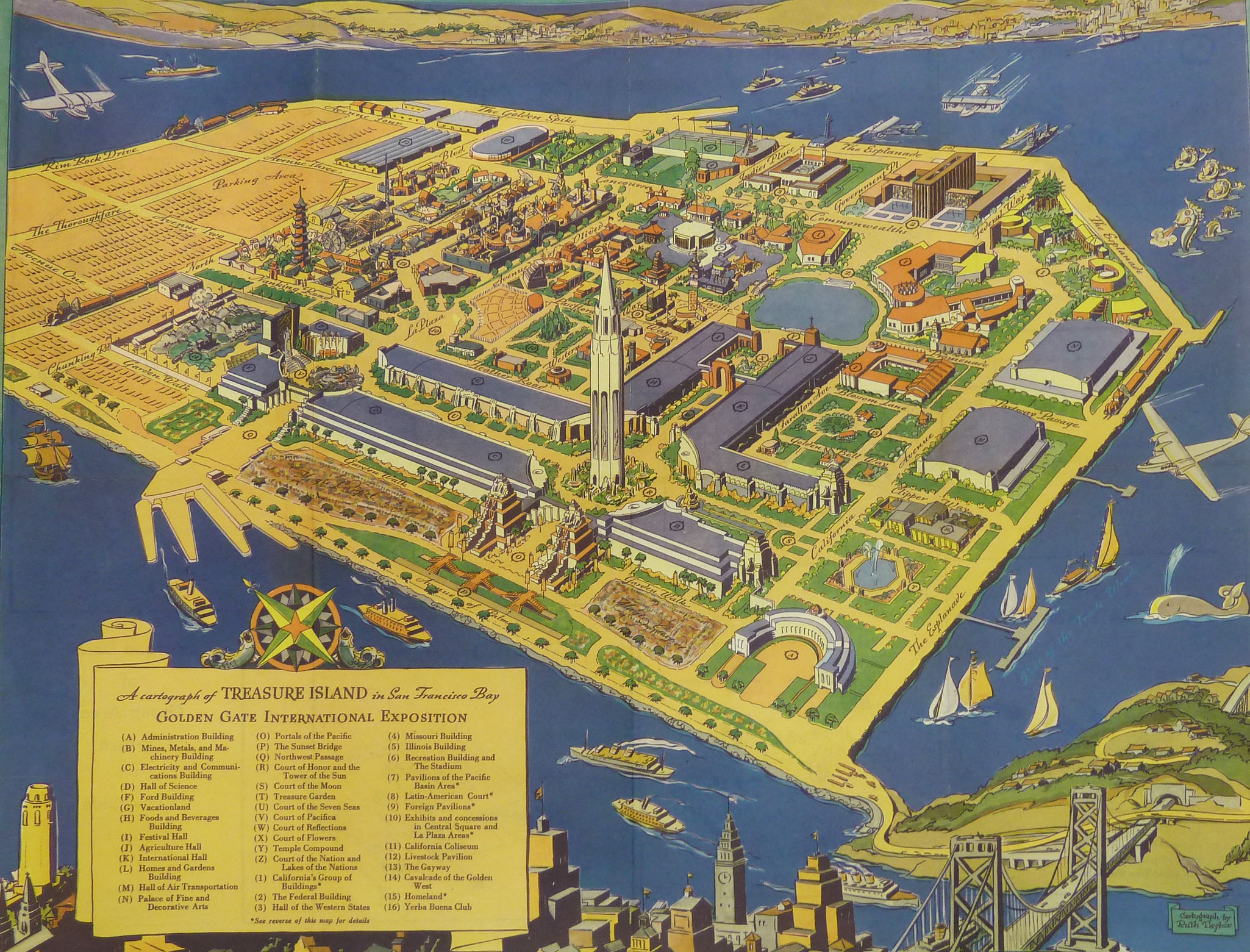 A poster depicting a map of Treasure Island, located in the San Francisco Bay. The poster is blue, yellow, green, and orange. On the island are plots of land each holding pavilions. In the water surrounding the island are sea creatures, sailboats and ferries. In the bottom right corner is a key of the map listing the pavilion themes for the Golden Gate International Exposition.