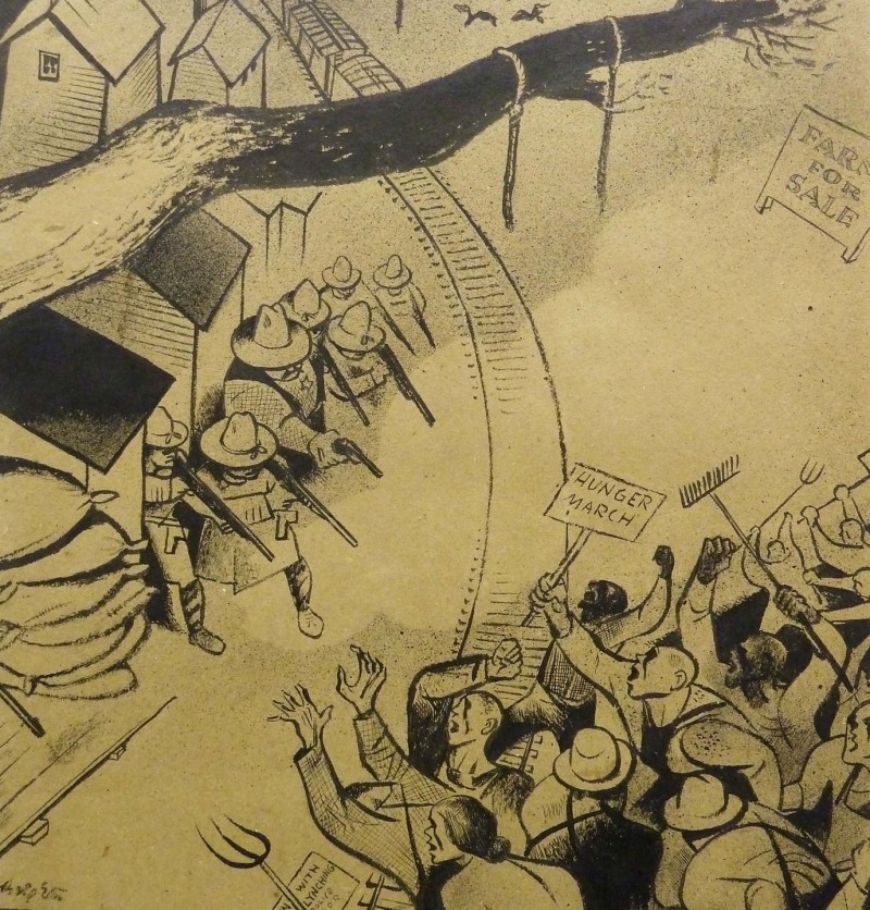An ink on paper illustration of a standoff between a police unit and farmers, set in the 1930s. The two groups are separated by a curved railroad track. The members of the police are wearing hats and have their guns drawn. The farmers are chanting and holding up farming tools and signs, including one that reads “Hunger March”. Away from the standoff is a sign propped up that reads “Farm For Sale” Above the scene are two pieces of cut rope that are knotted tightly around a strong tree branch.