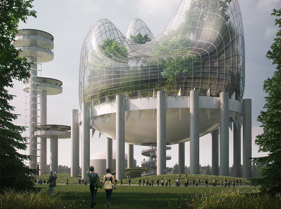 An architectural rendering of a futuristic pavilion set in a park. The main part of the pavilion has a white, bulbous shape and is gracing the sky on white cylindrical columns, planted in the ground in a circle. Within the pavilion is a group of mature trees and a gridded glass sealing that mimics the topography of the tree canopy. Down at the ground are tiny specs of people that demonstrate the grand scale of the pavilion.