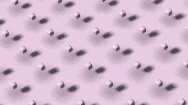 An animated image of tiny, mauve cubes floating equidistant from each other to form a grid. First, the cubes are floating above a surface of the same color where they are casting their shadows. The cubes then melt into a rippled blob and the words “Queens International 2018 Volumes” appear in an off-white font.