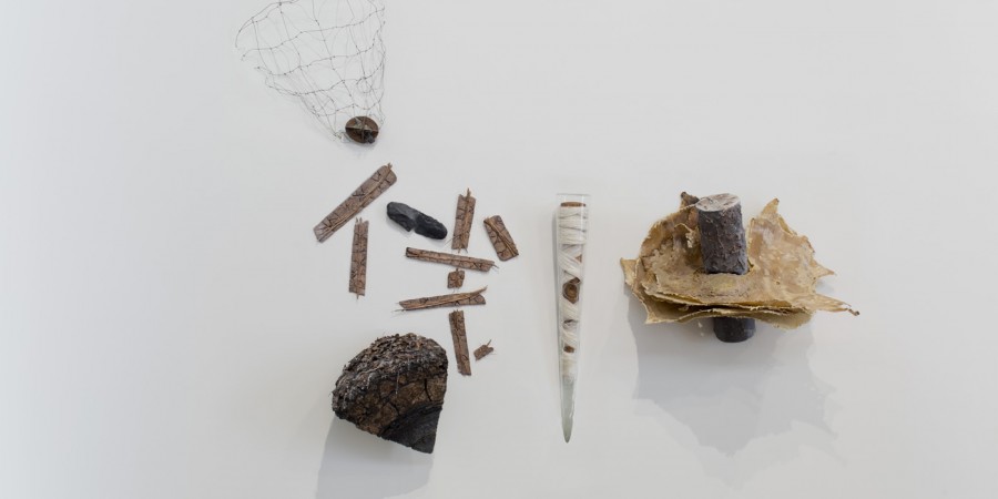 Pieces of wood, dirt, white fabric, metal, and stone fashioned as historical artifacts against a white backdrop.