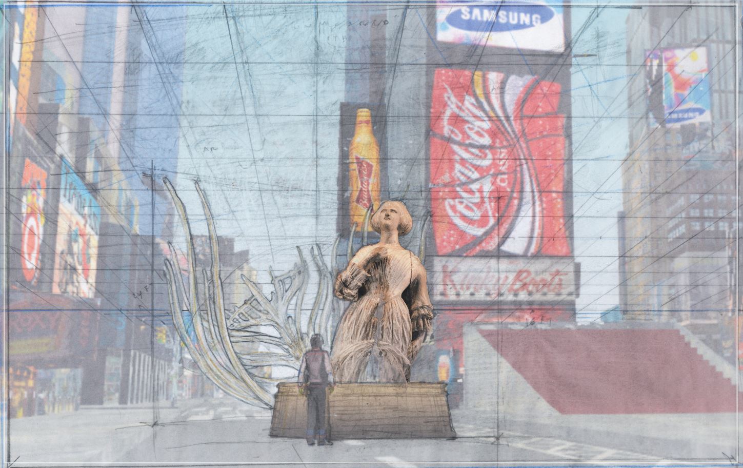 A to scale mock up of a sculpture installation in Times Square. Transparent paper has been laid over a color photograph of Times Square and gridded lines have been draw on in pencil to perfect the scale of a sculpture. The sculpture is of a woman dressed in 19th century style clothing. In front of the sculpture is a sketch of a man view the public art.