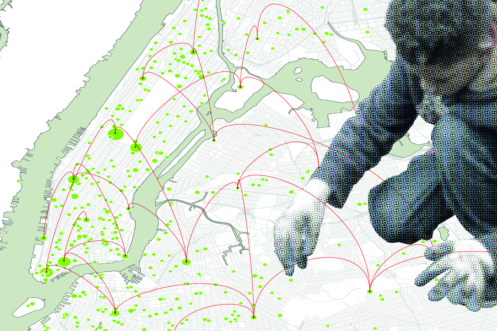A map of New York City illustrating the city block grid. Spread across the five boroughs are lime green dots with varying diameters. Connecting a number of dots are curved red lines. Overlayed on the map is a pixelated image of a person crouching down with their attention towards the ground.