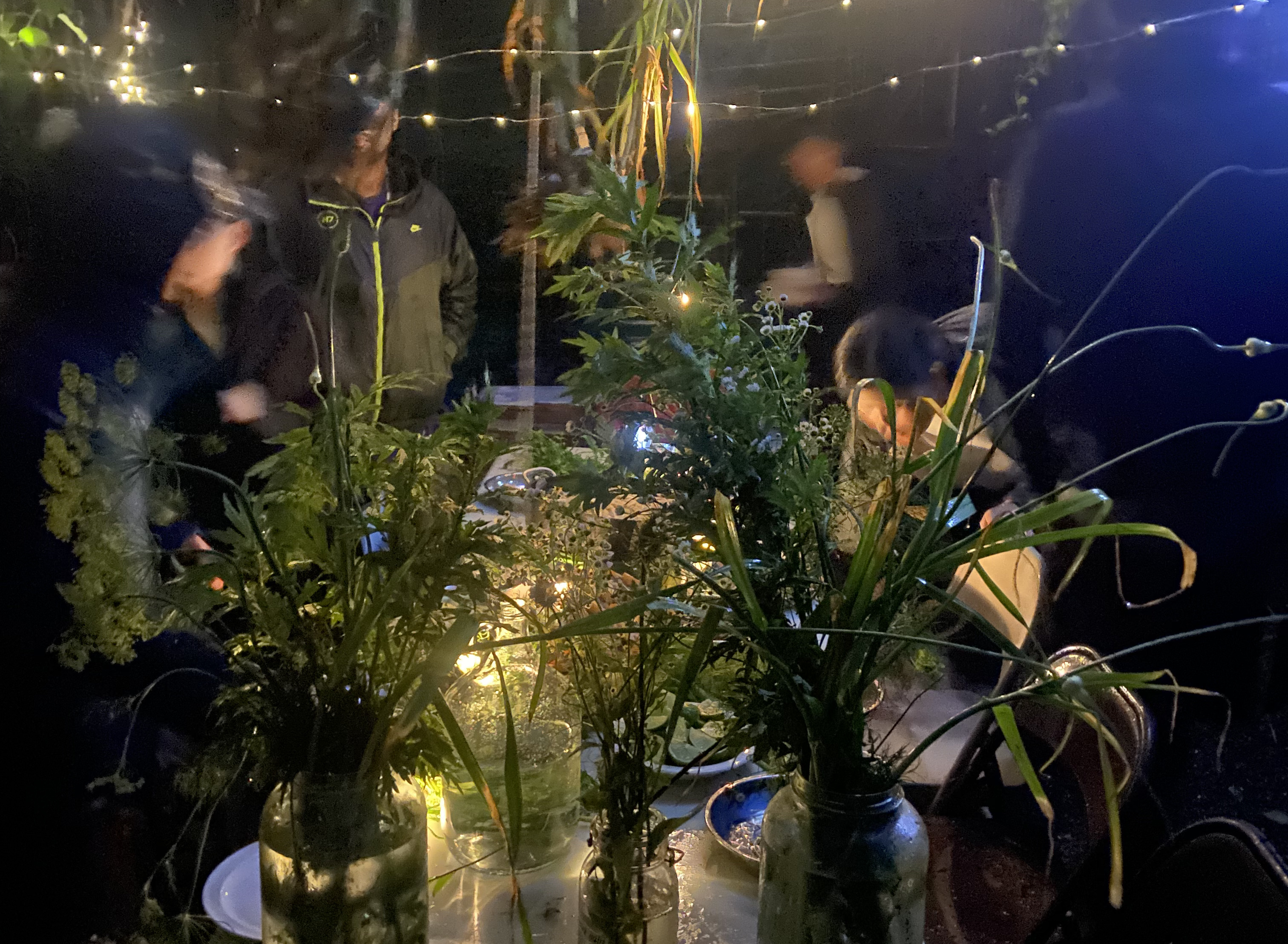 Outdoor nighttime communal dinner. People are gathered around a rectangular table that is covered in plants. The surrounding area is lit by white string lights. Some people are observing the table plants directly, while others are engaging in conversation with one another or just passing through.