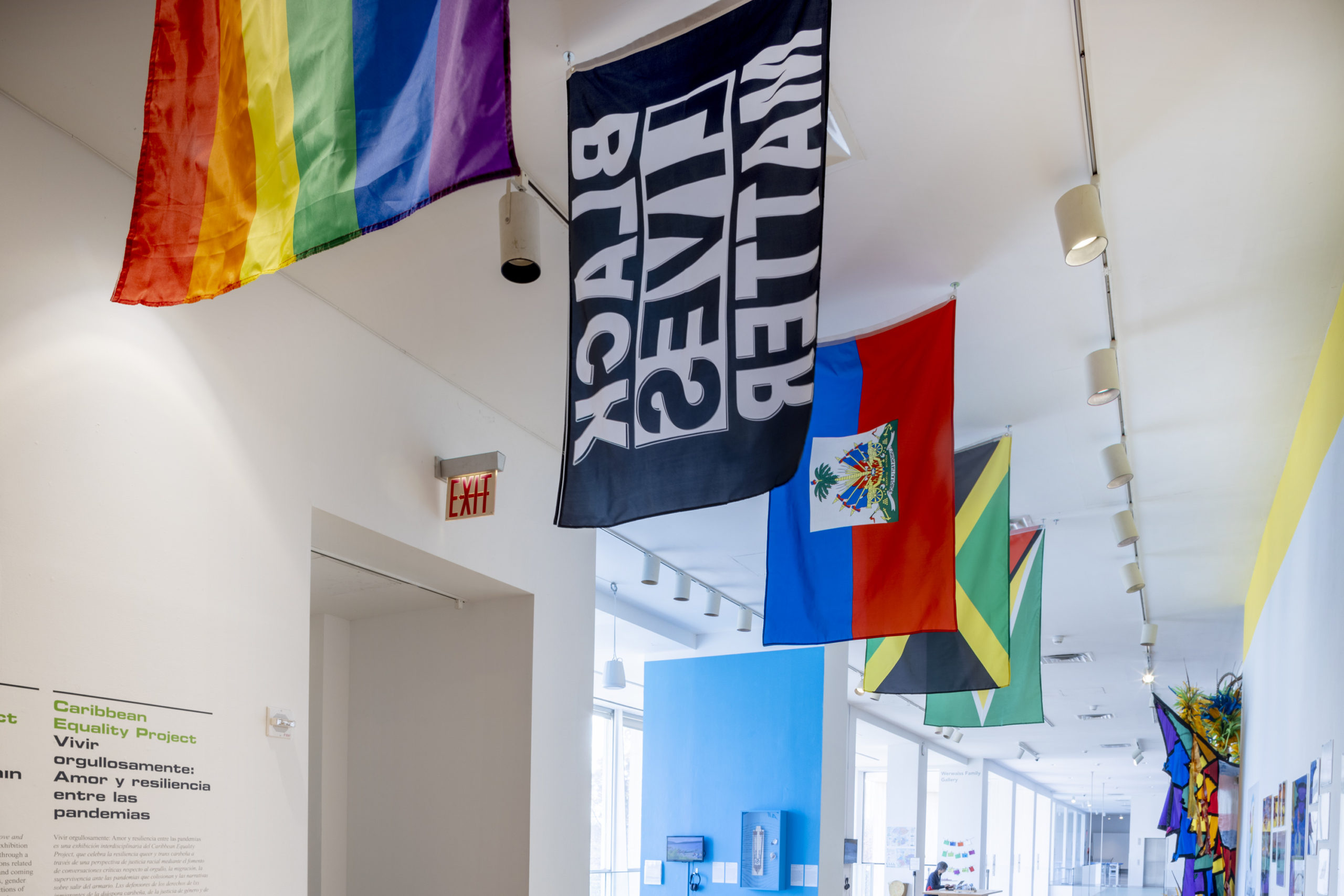 A exhibition ceiling view of flags that have been installed in a row. From left to right is an inclusive pride flag, a black lives matter flag, a Haitian flag, a Jamaican flag and a Guyanese flag.