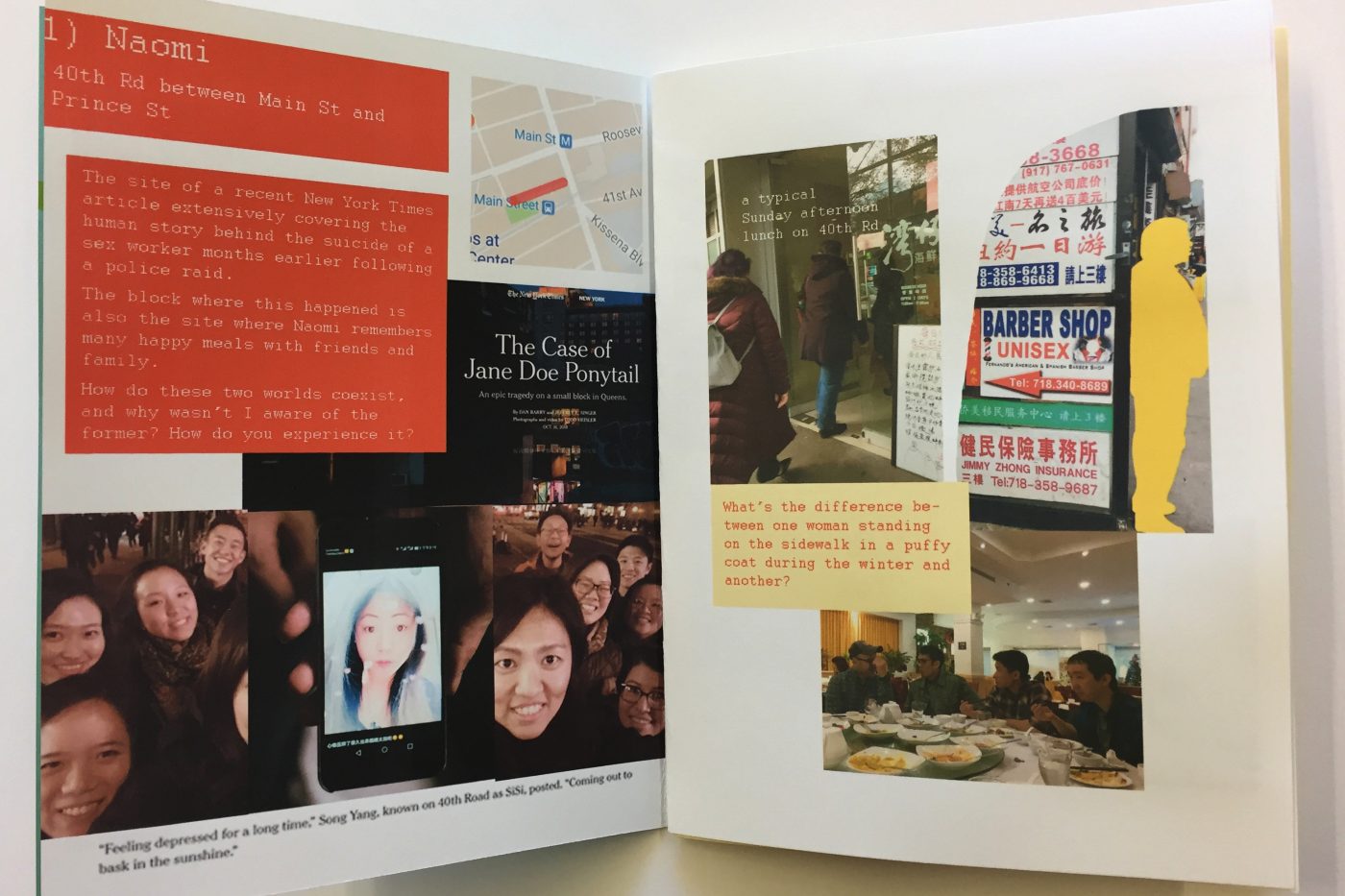 A zine propped open to reveal spread. On the left page are two, orange text blocks with white font, a screenshot from Google Maps, and a group selfie. On the right page is a yellow text block with orange text, a photo of a group of men at a dinner table, people walking through a door, and a photo of street signs with a yellow silhouette of a person collages into the shot.