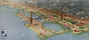An exposition poster of an illustration depicting a coastline made up of a cityscape and a collection of pavilions, separated by a freeway. Towering above the pavilions is a bridge connecting the two stretches of land, holding an inlet. In the water are a number of boats. In the bottom left corner is a rectangle with the date “1933”, “A Century of Progress”, and “Chicago” written in it.