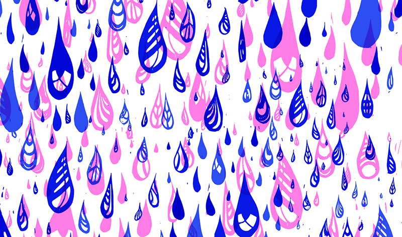 A print of stylized water drops on a white background. The first layer is in pink and the second layer is in blue and off centered.