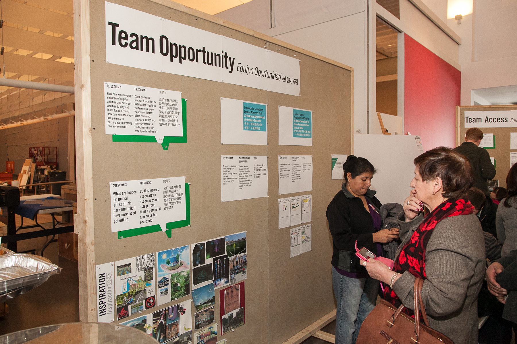 A bulletin board with text and images. At the top in large letters reads “Team Opportunity” in three languages. Below that are call out boxes with community questions and an inspiration mood board.