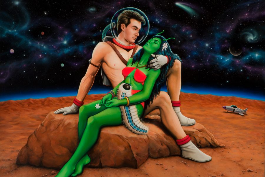 A painting inspired by Jesús Helguera’s Amor Indio. The scene is set on Mars and against a star filled sky. A white man and alien woman are sitting on a rock formation. The man is wearing space gloves, shoes and a helmet. He has one knee propped up to support the alien woman who is asleep and laying in his arms. Her skin is green and she is wearing a red bikini. In her hands is a single white flower. Out in the distance is a small space craft.