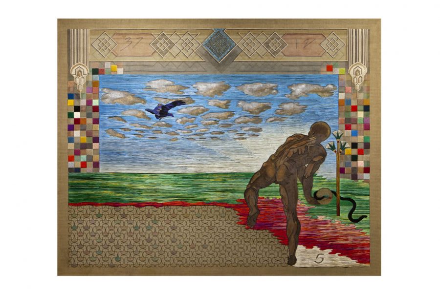 An embroidered painting depicting a nature scene spilling out of a mosaic pattern. The scene is of a green field and a cloudy blue sky. In the sky is a single bird flying overhead and in the field is a nude human figure with a sphere in hand. The sphere has a snake-like shape curling around it and the figure is looking ahead ready to take aim at the bird with the sphere.