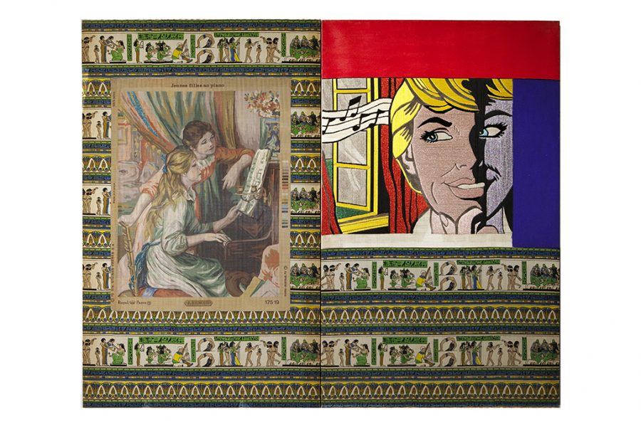 Two pieces of canvas placed side-by-side to created a larger art piece. The background of this collage is made up of repeated Egyptian hieroglyph pattern. Overlayed on the left is a postcard of Girls at the Piano by Pierre-Auguste Renoir. The painting depicts two girls, one is sitting at a piano and the other standing overhead instructing. Overlayed on the right is comic-strip styled, painting of Julie Andrews by Roy Lichtenstein called Sound of Music. The painting depicts Julie’s head close to an open window and musical instruments flowing in.