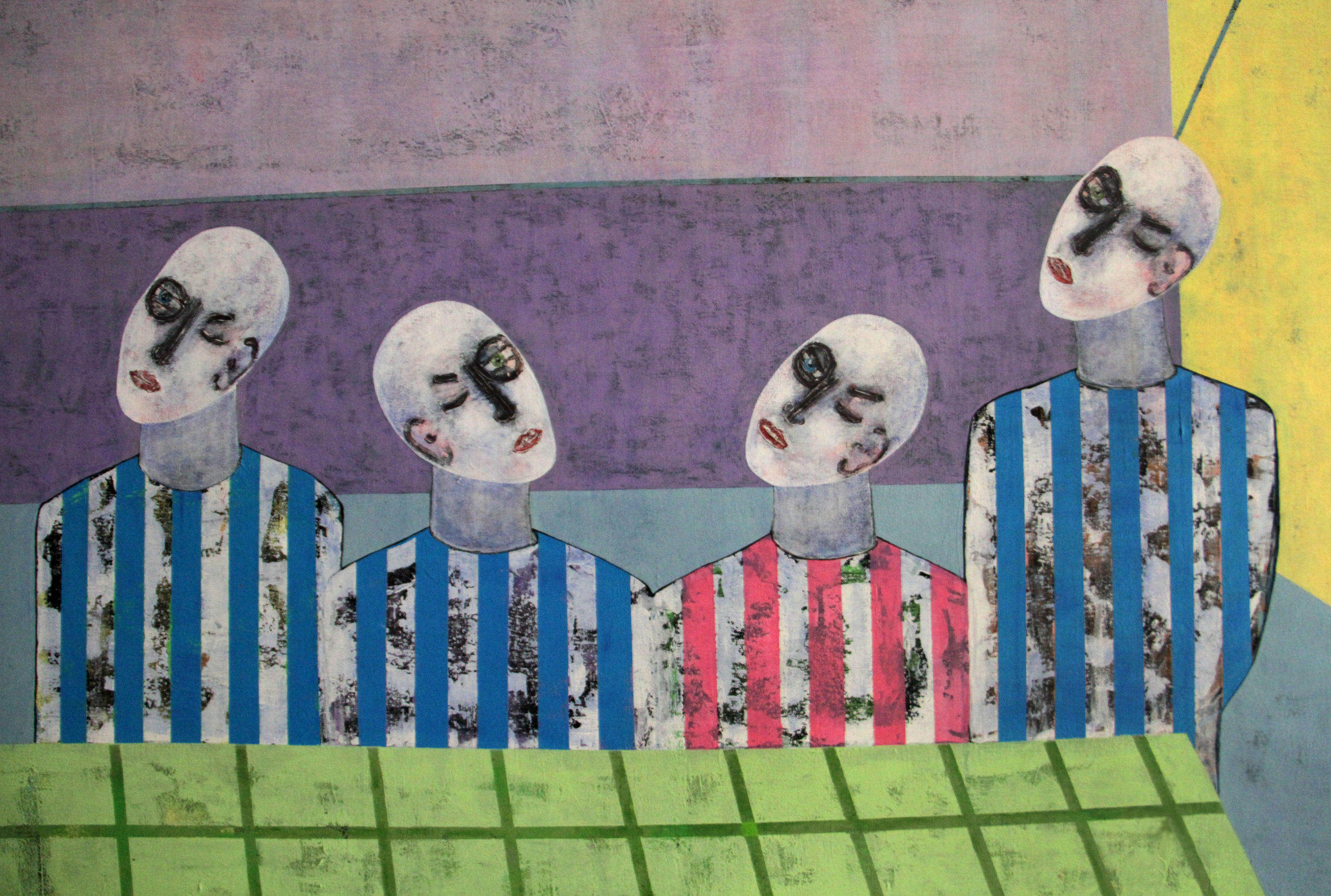 An acrylic painting of four busts against a color-blocked background in pink, purple, yellow, blue and lime-green. Three of the busts are wearing white and blue striped shirts and one is wearing a pink and white striped shirt. They are all bald, ghostly white, and tilting their heads.