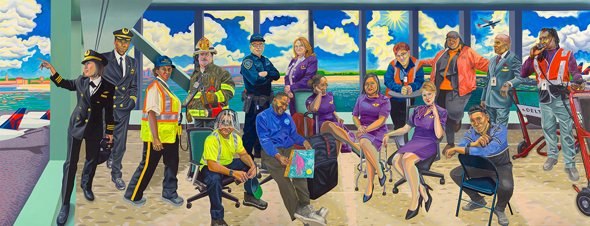 The painting depicts an airport scene. In the background are floor to ceiling windows with the view of a body of water and a cloudy blue sky. Posing in front of the window are sixteen Delta Airlines and Port Authority employees in their uniforms.