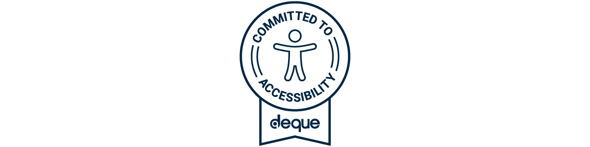 A white slide, with the Deque logo in the center. The logo is a black outline of an award ribbon. In the center badge, is text that reads “COMMITTED TO ACCESSIBILITY” in uppercase font, circling around a stick figure. In the ribbon, is text that reads “deque” in lowercase font. 