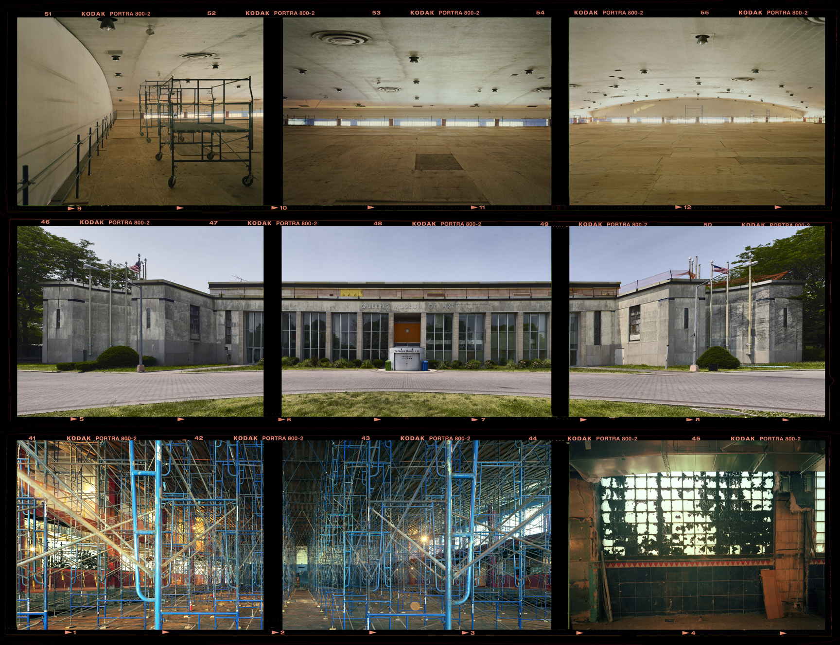 A three by three, gridded Kodak film strip capturing the redevelopment of the New York City Building. The top row captures the empty interiors of the building. The second row captures an outside view of the building. The third row captures another inter shot of a space filled with blue scaffolding. 