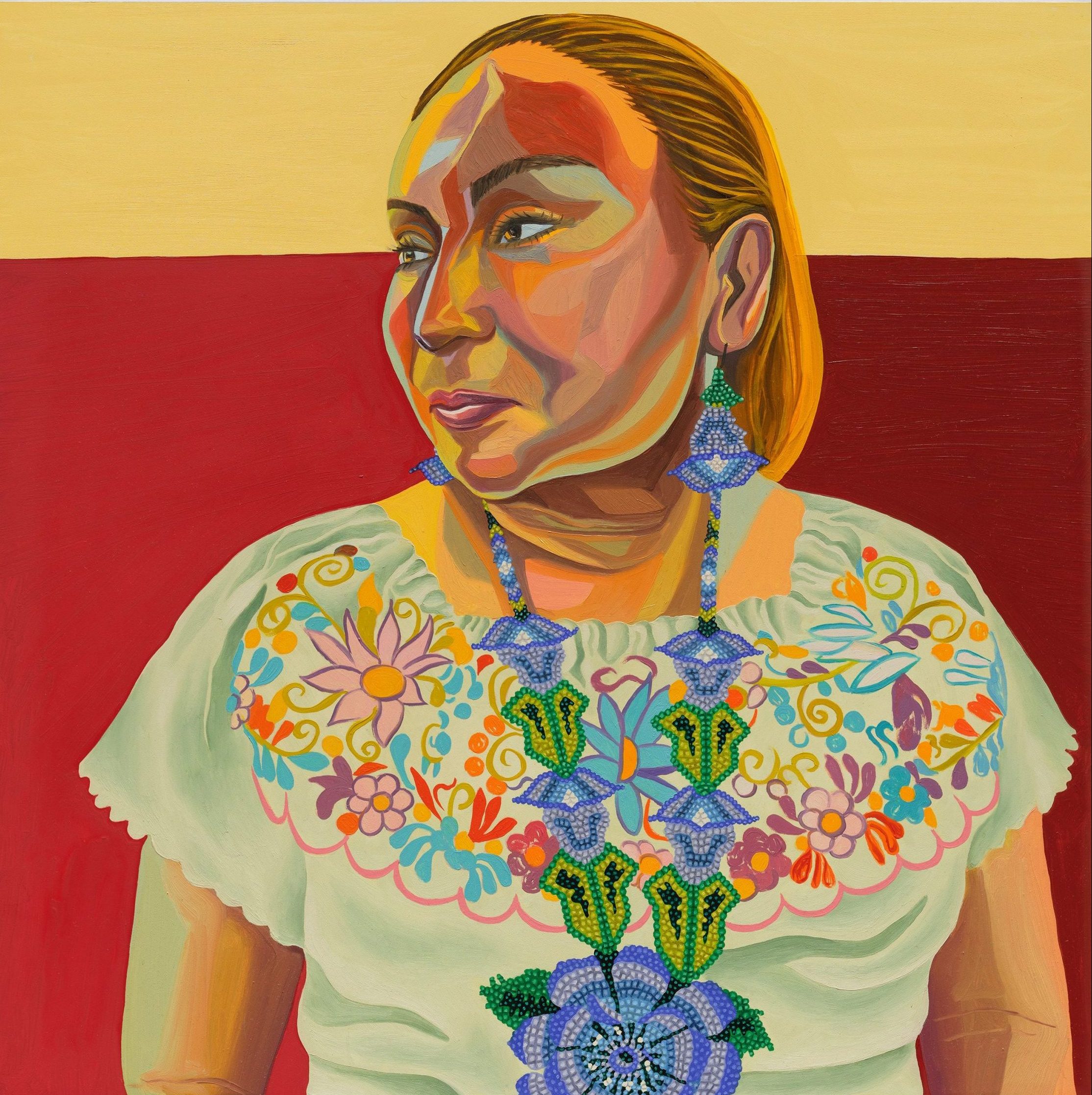 This painting depicts an older woman with blonde hair wearing a colorful floral embroidered blouse and blue and white beaded earrings. She looks to her left. Behind her is a solid red and tan background.
