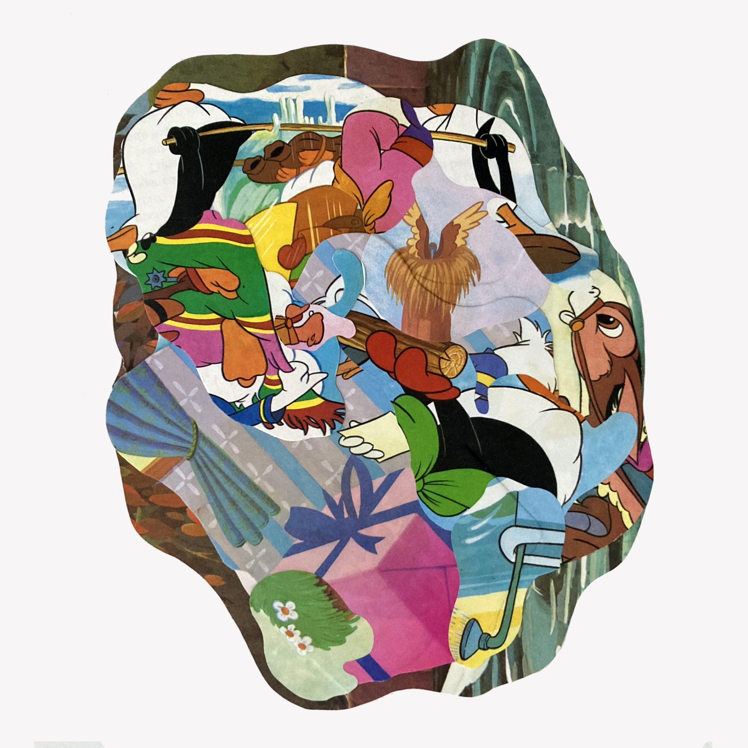 An asymmetrical shape contains overlapping layers of collaged cartoon cutouts in pink, blue, green, black, and white.